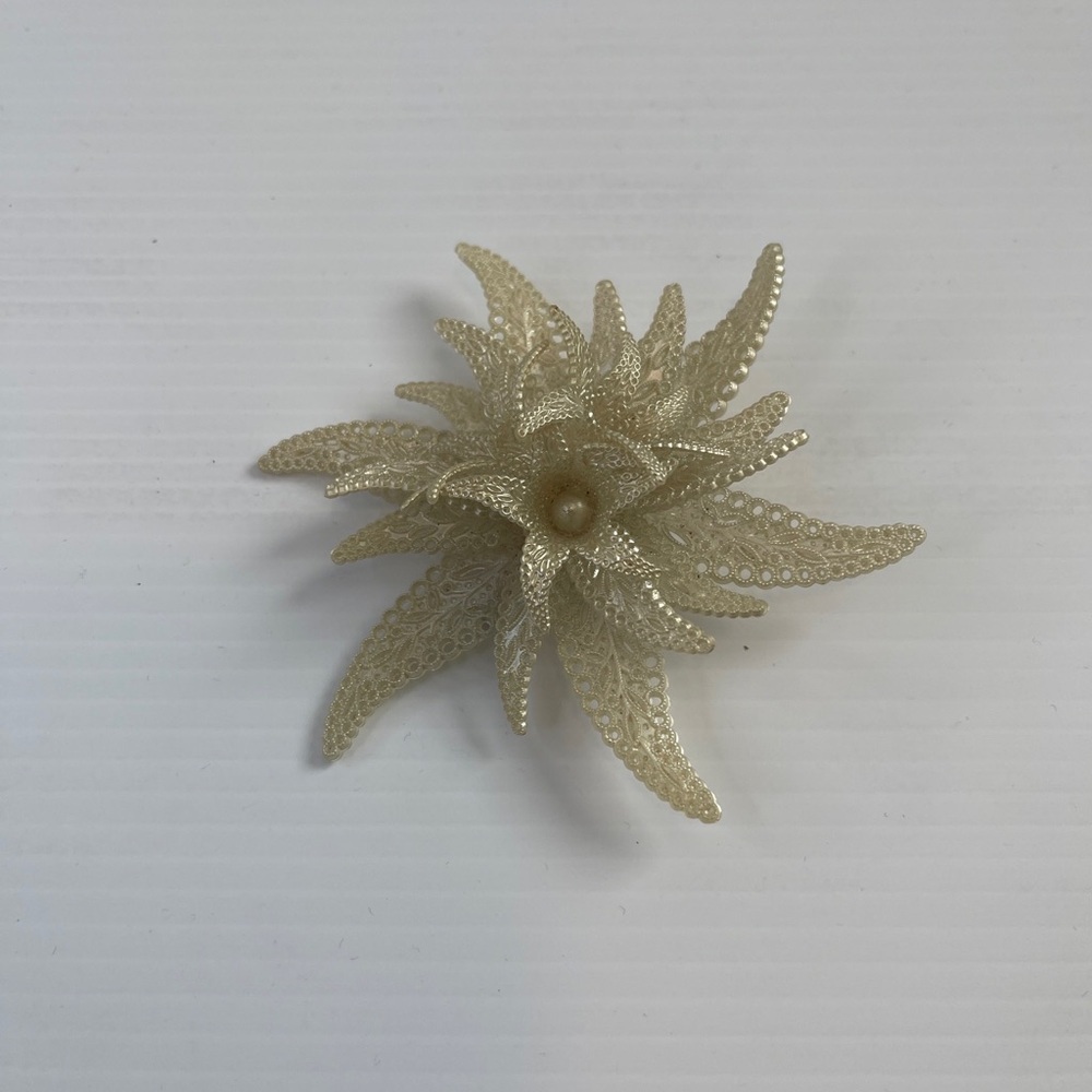 Vintage 4" Pierced Pearlized White Plastic Flower Costume Jewelry Lapel Brooch